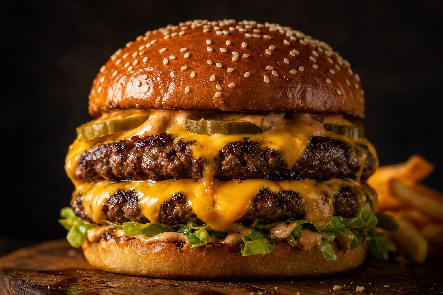 Juicy smash burger with melted cheese and fresh toppings